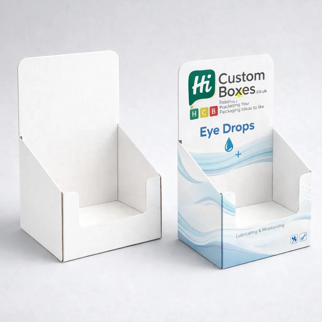 Two cardboard counter display units, one plain white and one with branded graphics for eye drops. class=